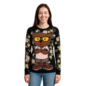 Fresh Laundry Bear T-Shirt Womens Small Black Floral Teddy Graphic Long Sleeve